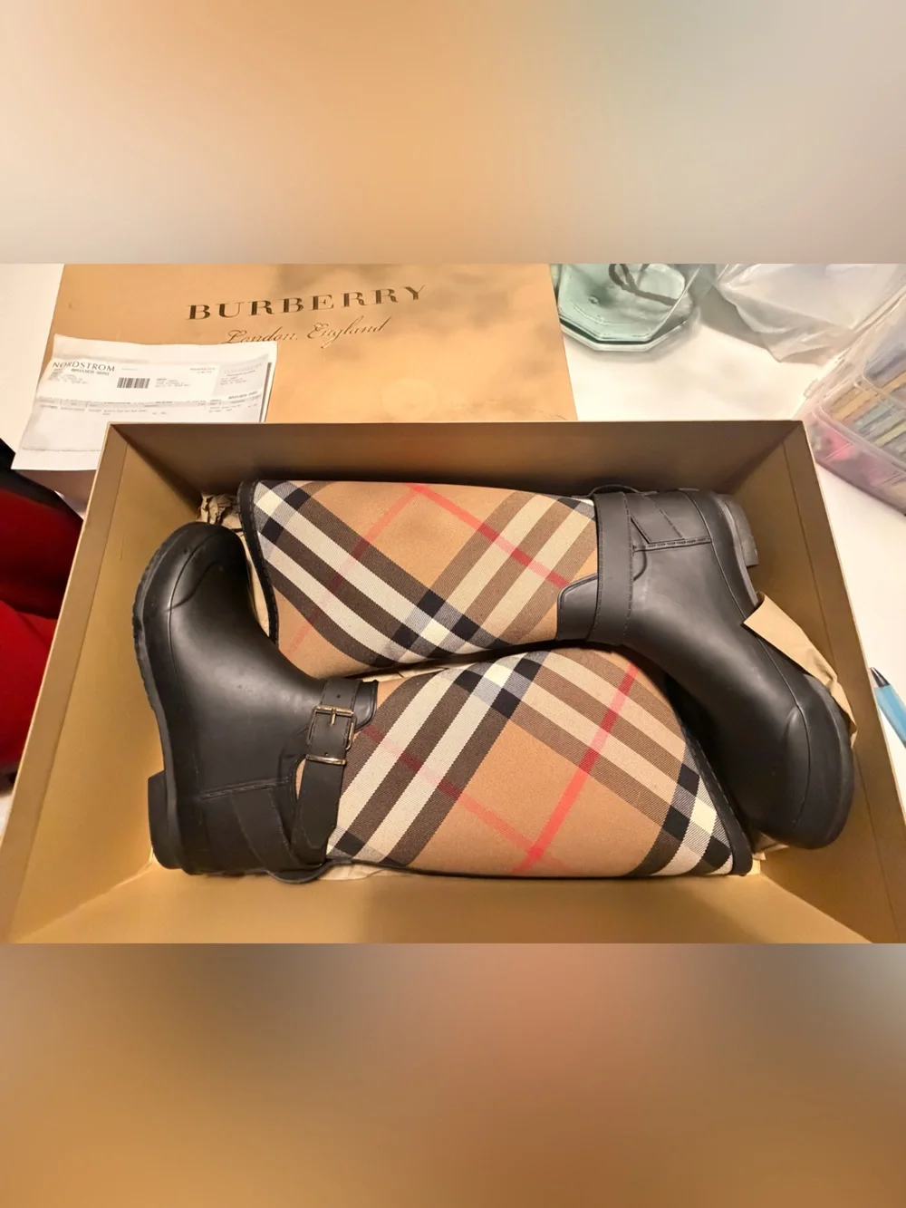Burberry Plaid Rain Boots in Beige, Black & Red Trim